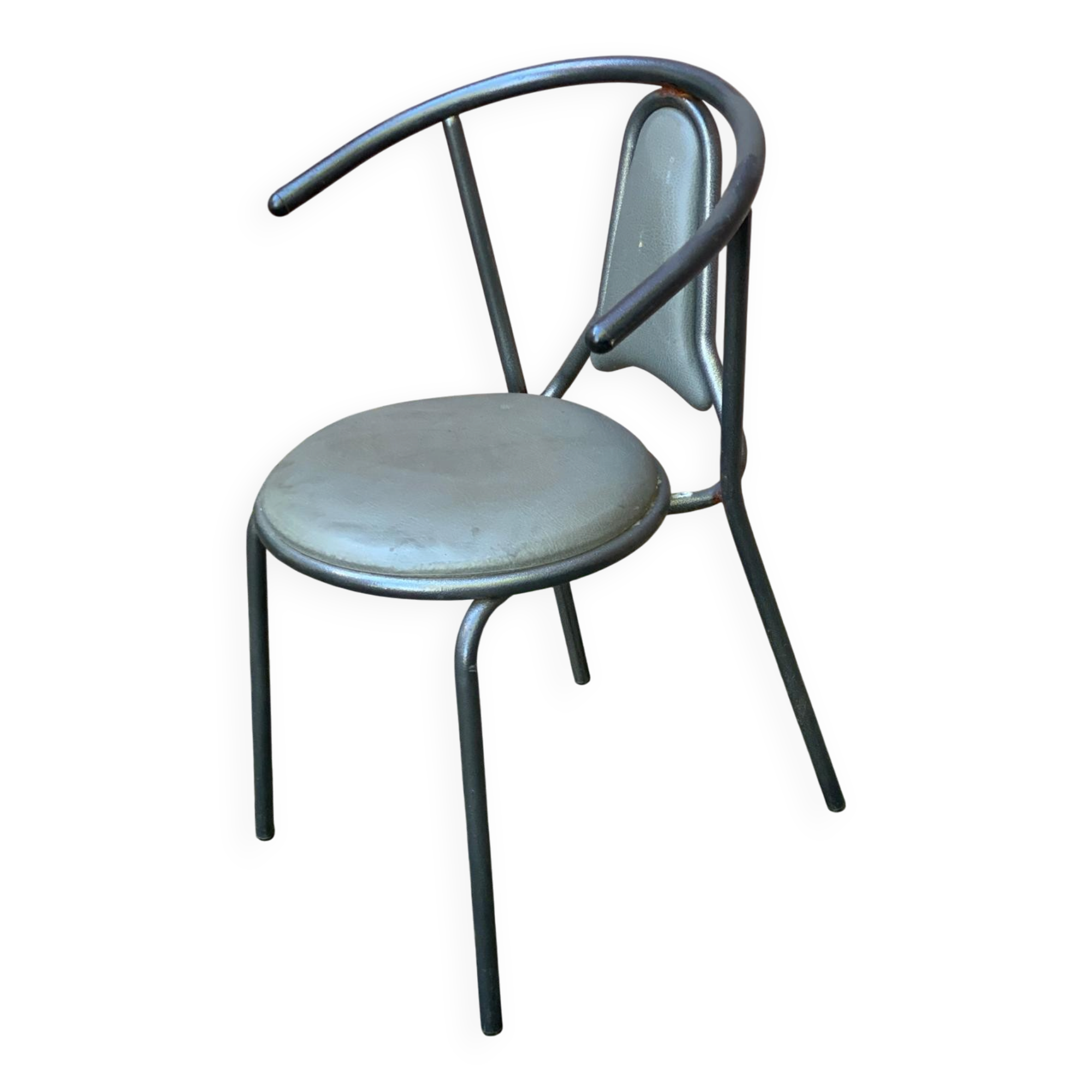 Vintage bistro chair in steel and grey leather from the 1980s.