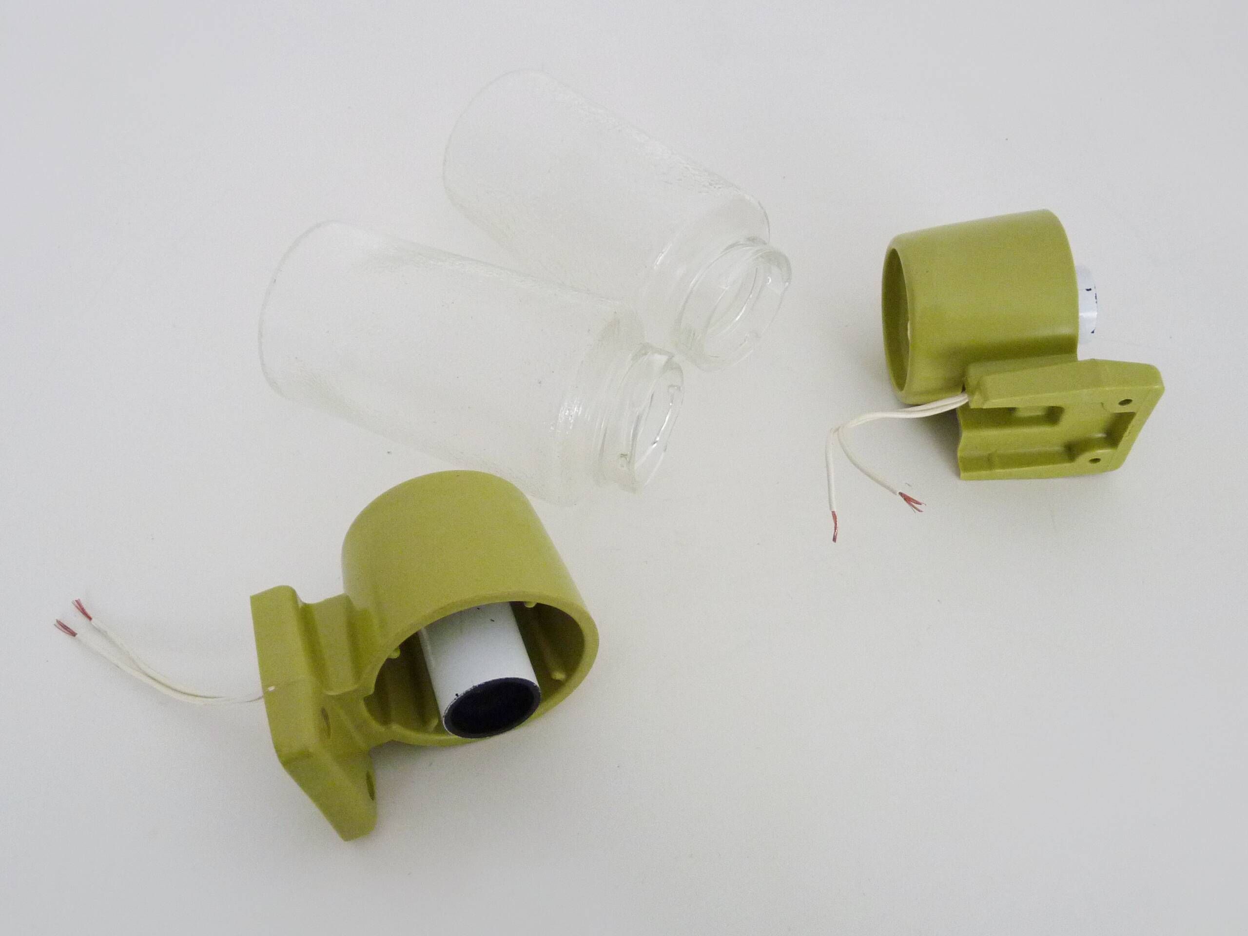 Pair of vintage pop wall lights in pastel green PVC and glass globe. 70s