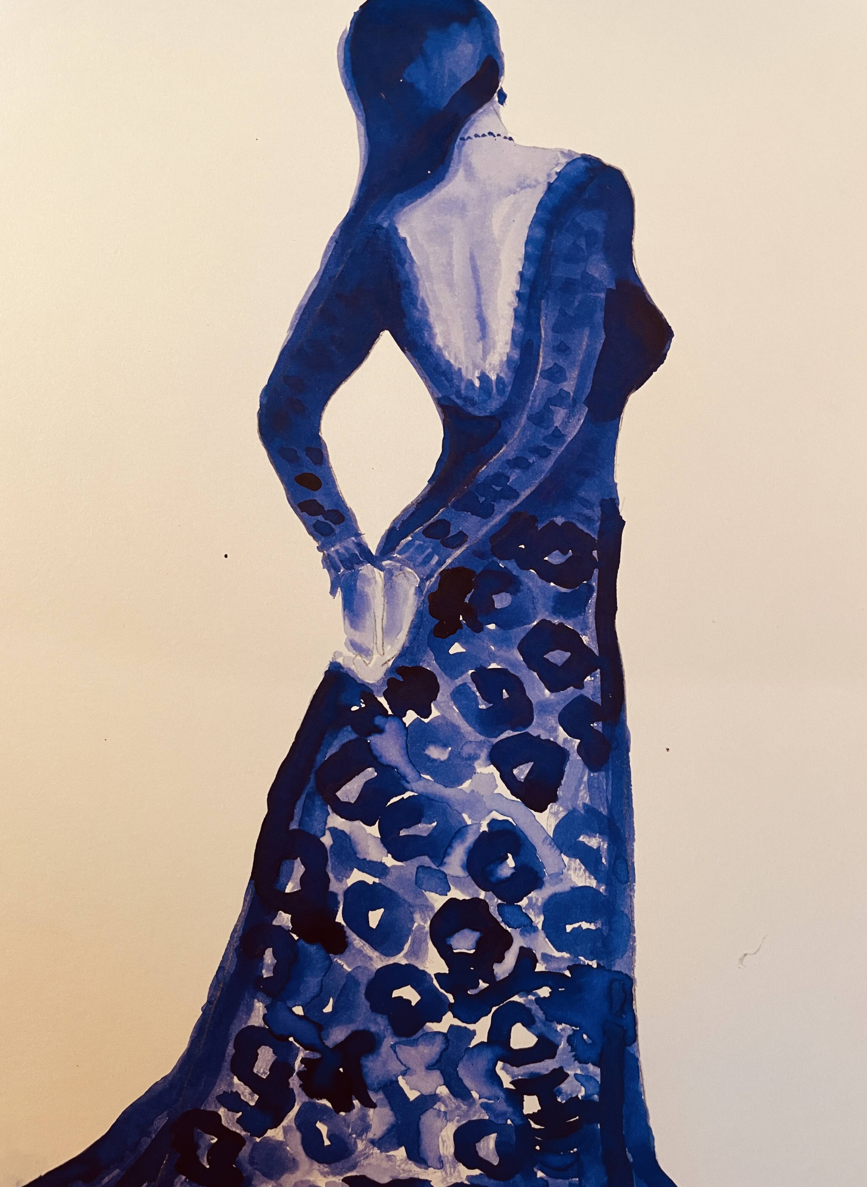 Monochrome indigo watercolour portrait of a woman "the indigo dress"