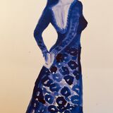 Monochrome indigo watercolour portrait of a woman "the indigo dress"