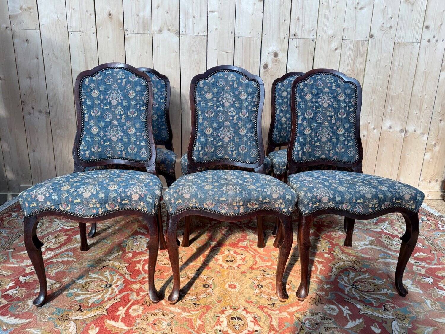 Suite de 6 chaises Chippendale anglais XIXe – Acajou, tissu jacquard