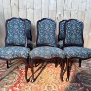 Set of 6 English Chippendale chairs from the 19th century – Mahogany, jacquard fabric