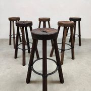 Tabourets de bar brutalistes en bois et cuir, Espagne 1970