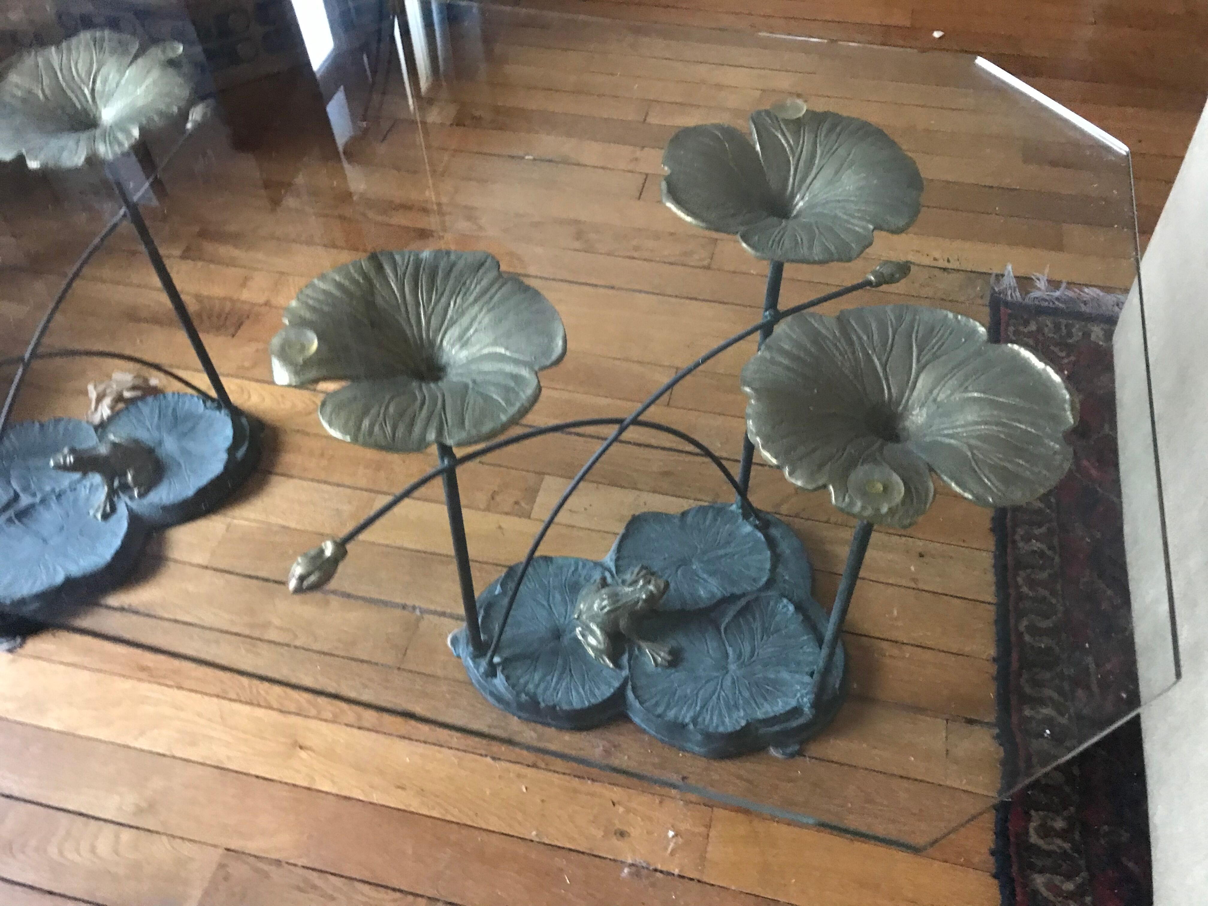 Glass and forged metal coffee table, frog and neuphar décor