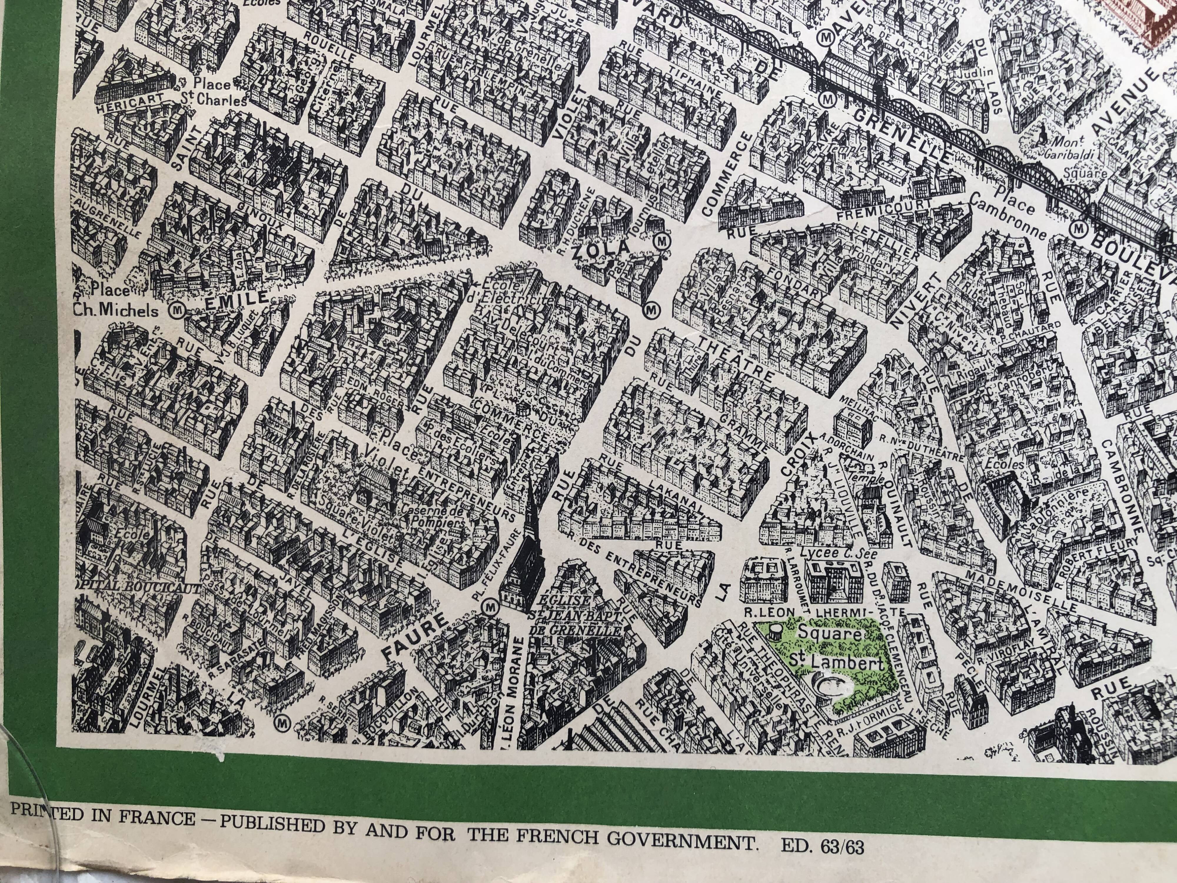 1959 map view of the center of paris from a bird's eye, n° 63 blondel la rougery, tourism commission