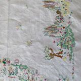 Square tablecloth embroidery naïve hand multicolored - linen threads - 110x110 cm