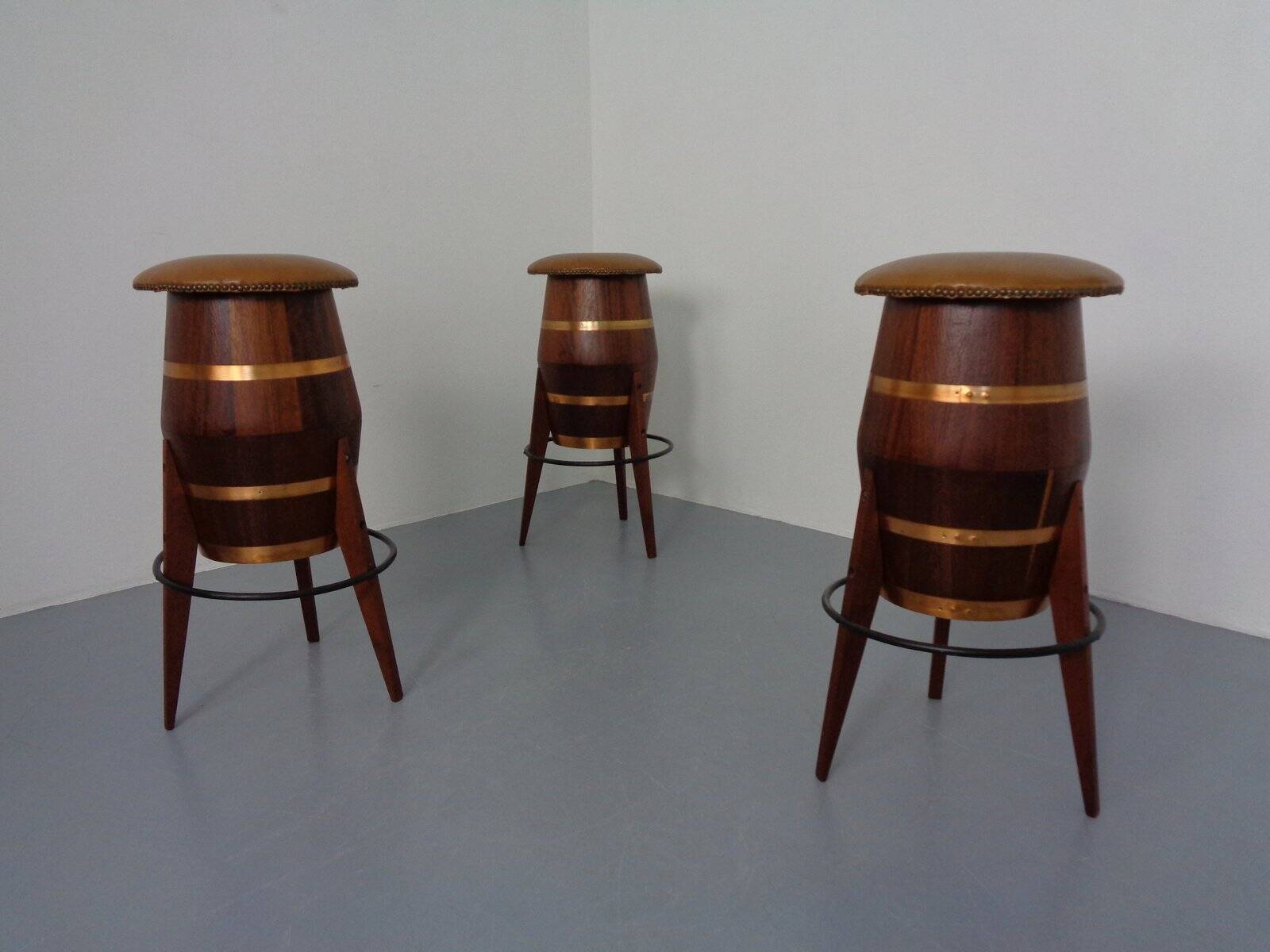 Mid-Century Teak & Copper Bar Stools, 1960s, Set of 3