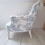 Fauteuil crapaud toile de Jouy bleu