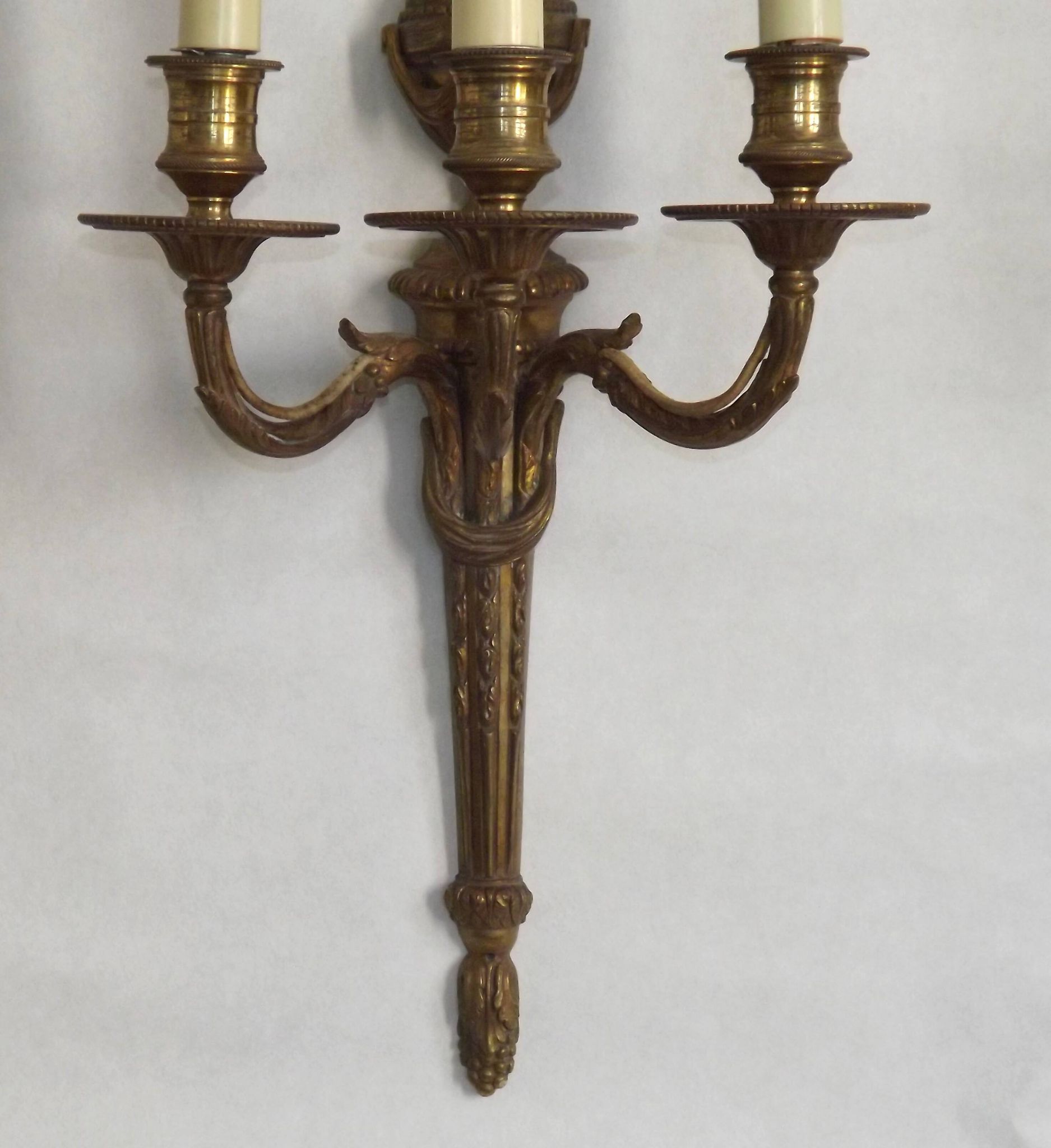 Magnificent Pair French Antique Bronze Triple Wall Lights Urn & Swag Detail