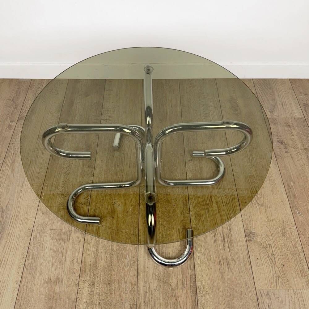 Tubular design coffee table in chrome and smoked glass, Italy, 70s