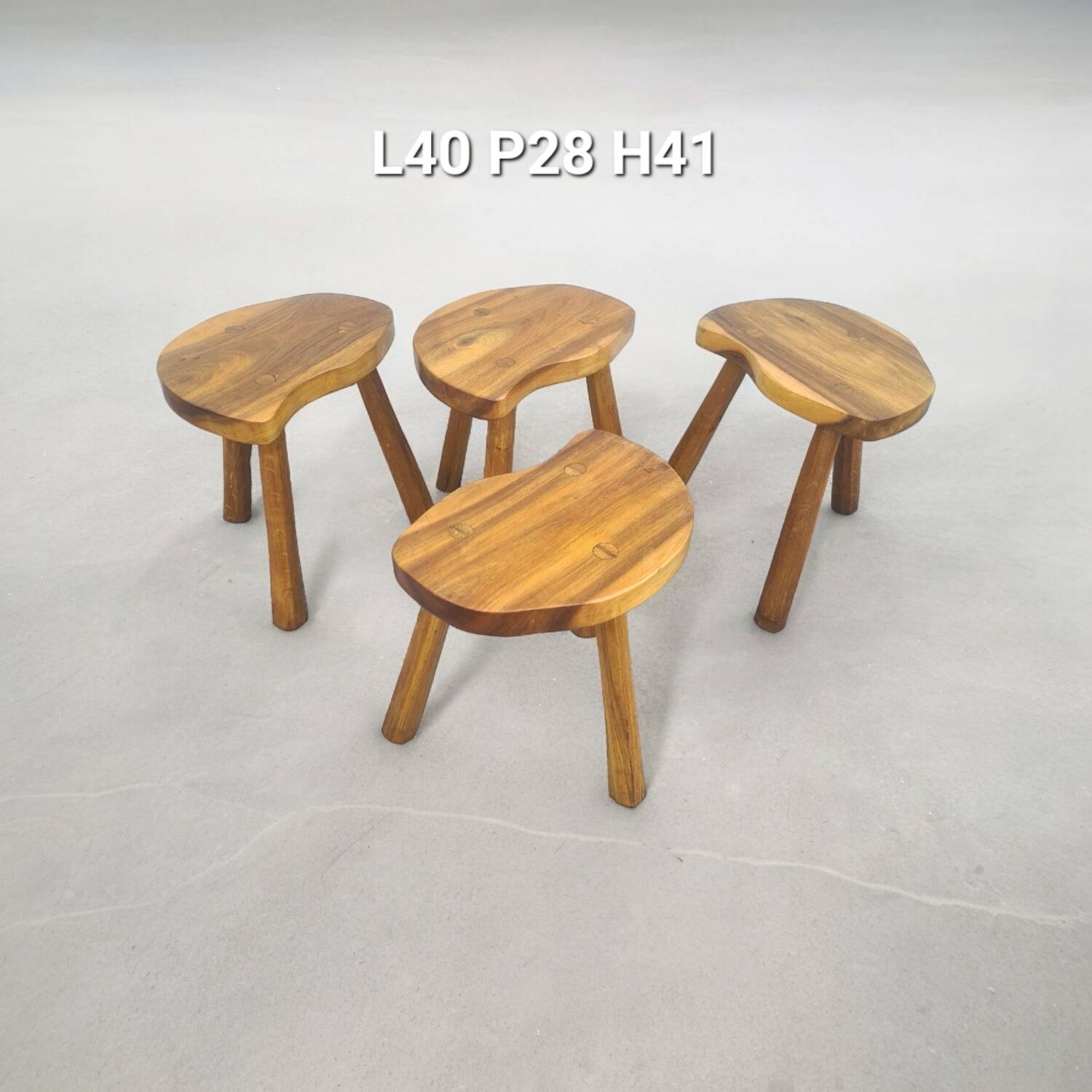 4 Vintage tripod stools, solid wood, brutalist, circa 1960
