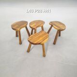 4 Vintage tripod stools, solid wood, brutalist, circa 1960
