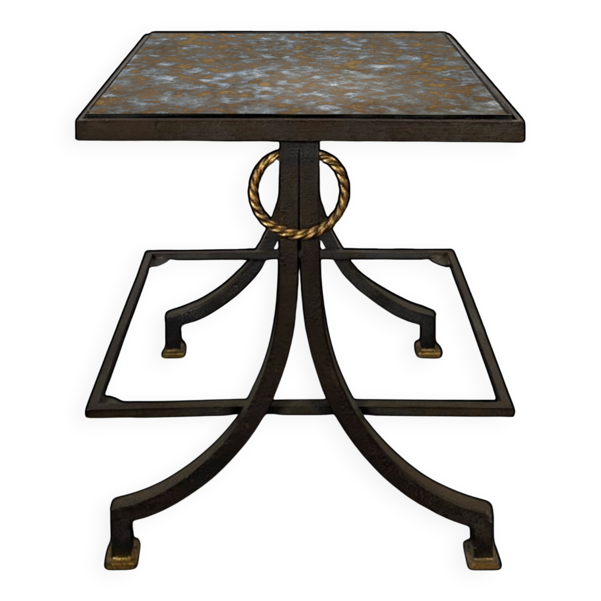 Neoclassical side table in wrought iron and eglomisé glass.
