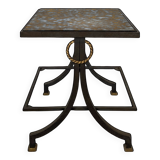 Neoclassical side table in wrought iron and eglomisé glass.