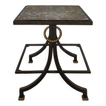 Table d'appoint neoclassique en fer forgé et verre eglomisé