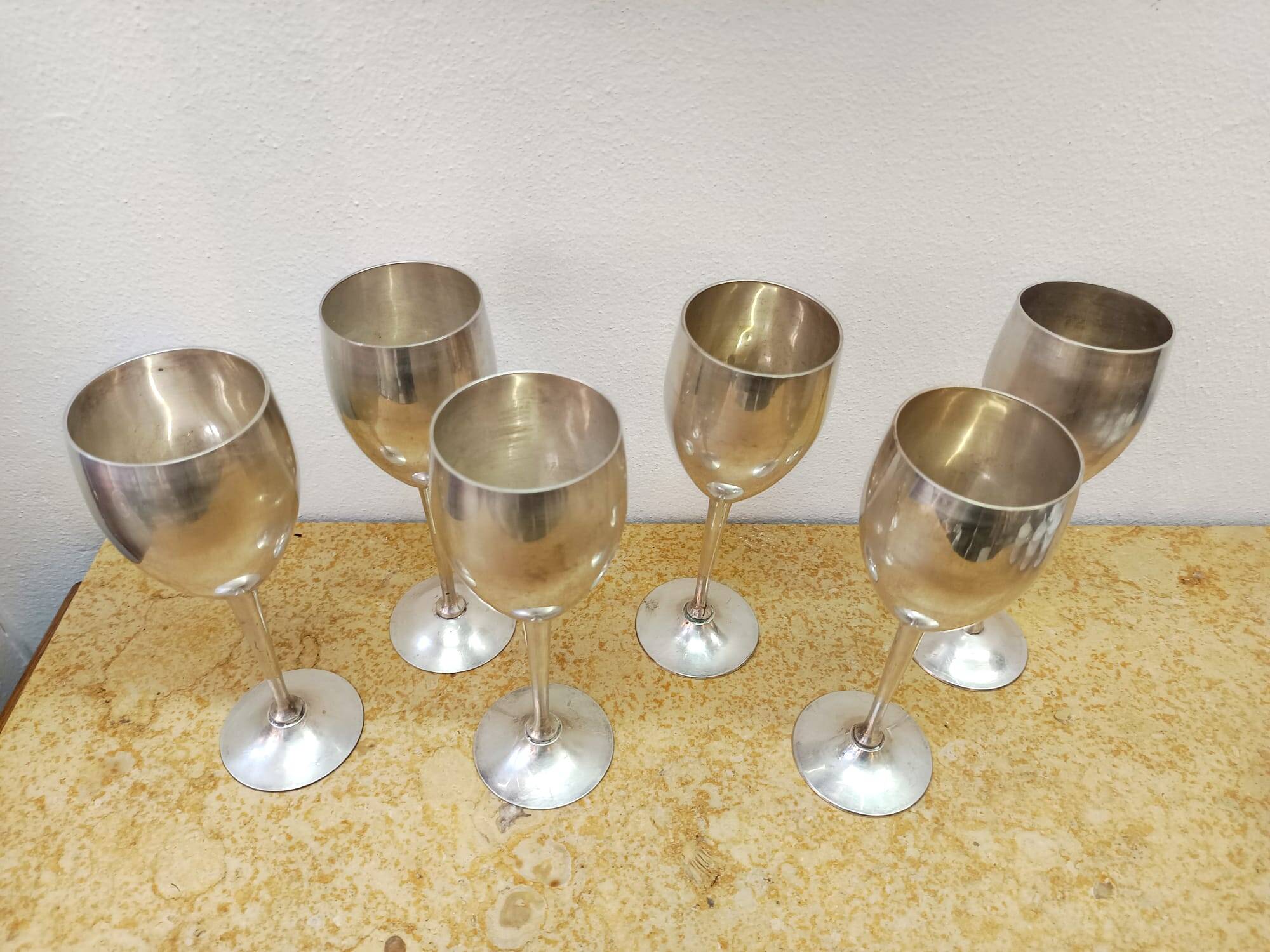 6 vintage metal stemmed glasses from the 1970s