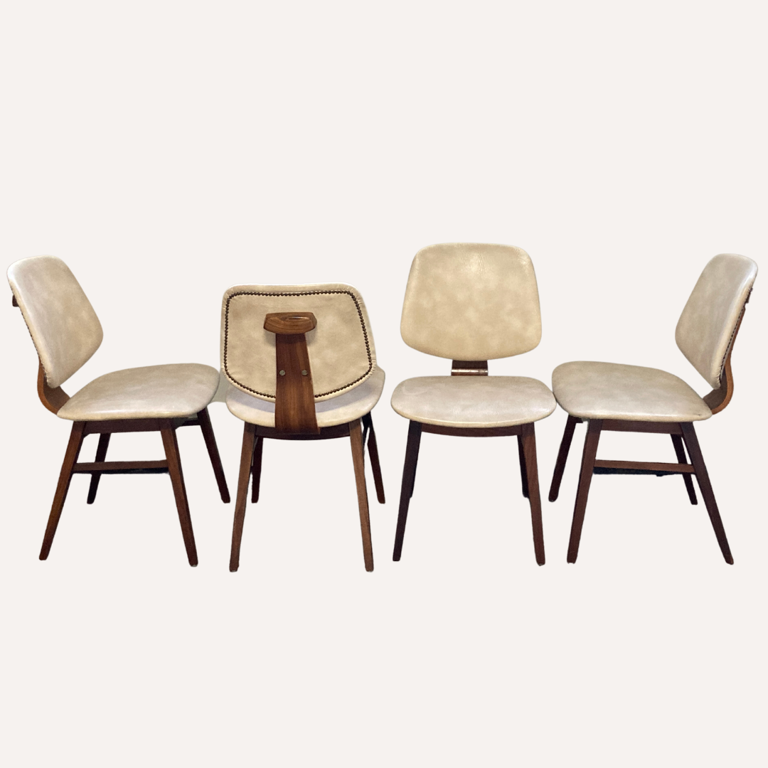 Set of 4 teak dining chairs in off white skai leather,  dutch 1950-60s