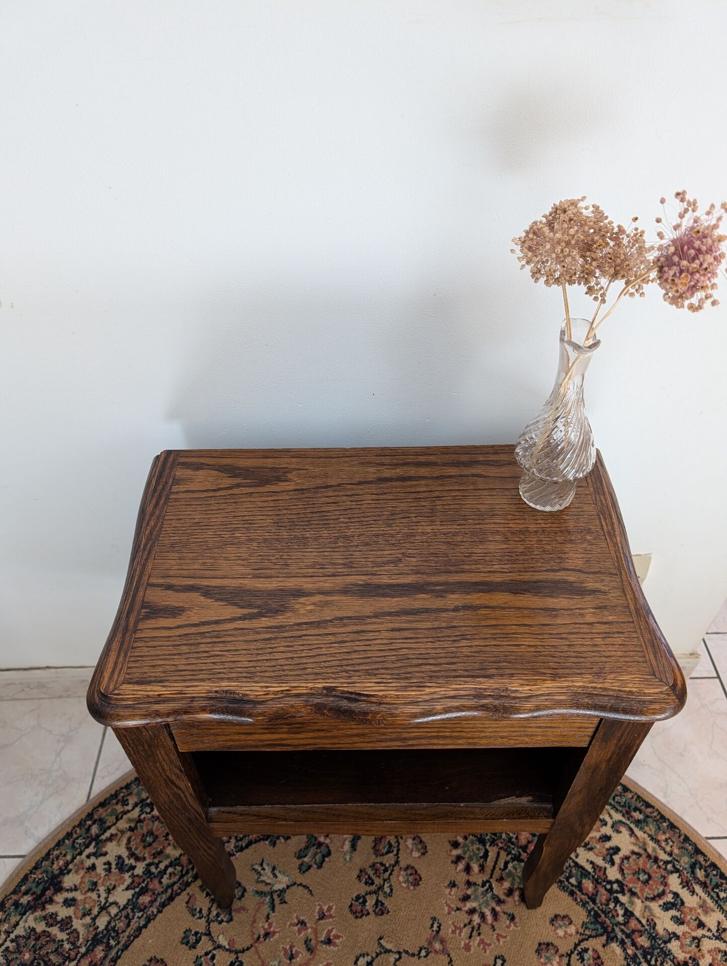 antique dark wood bedside table, cottage, bohemian, curved legs