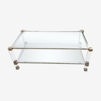 Pierre Vandel coffee table in gilded metal glass and altuglas from the 70s/80s