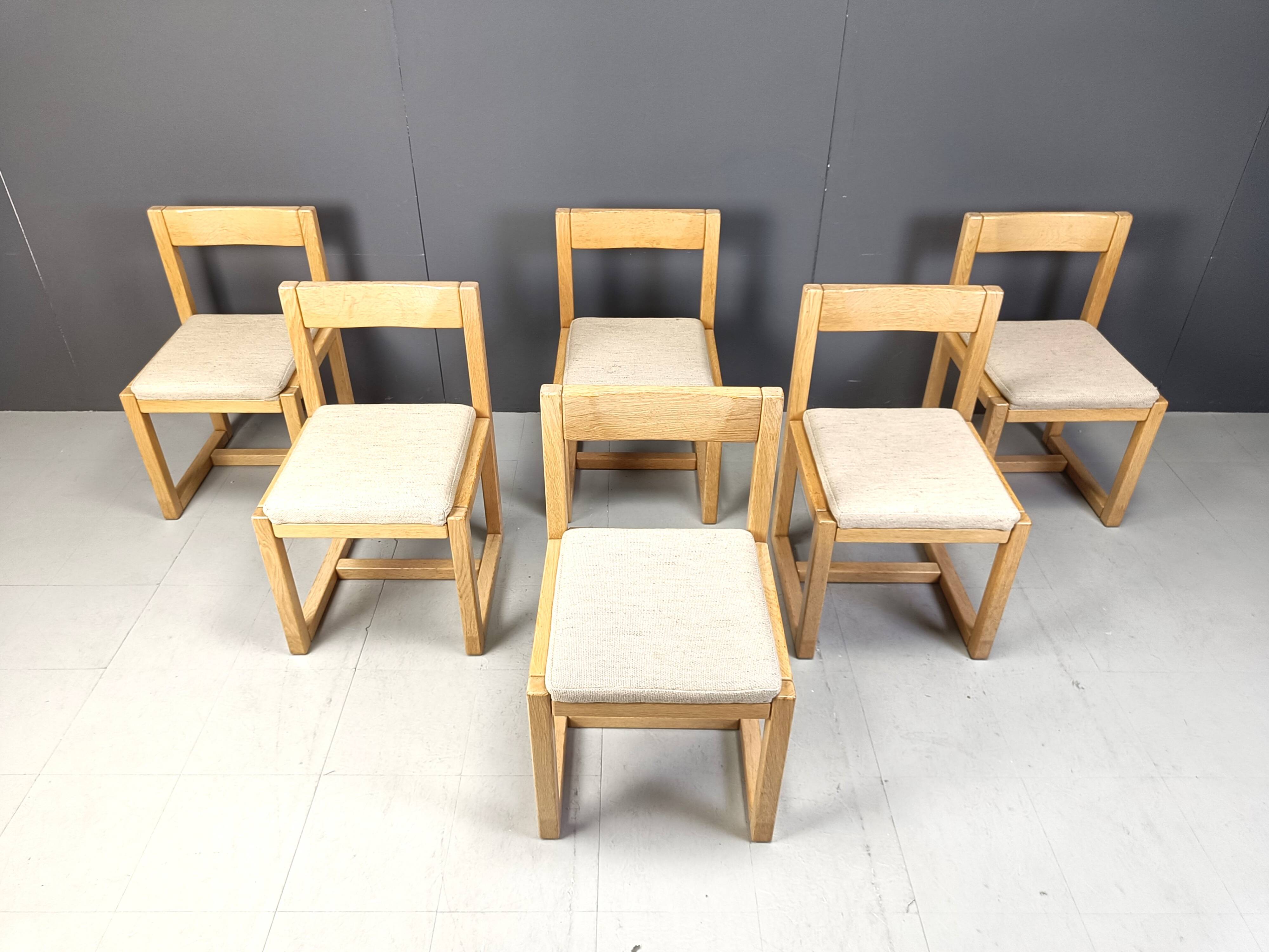 6 Brutalist oak and grey fabric dining chairs, 1970s