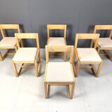 6 Brutalist oak and grey fabric dining chairs, 1970s