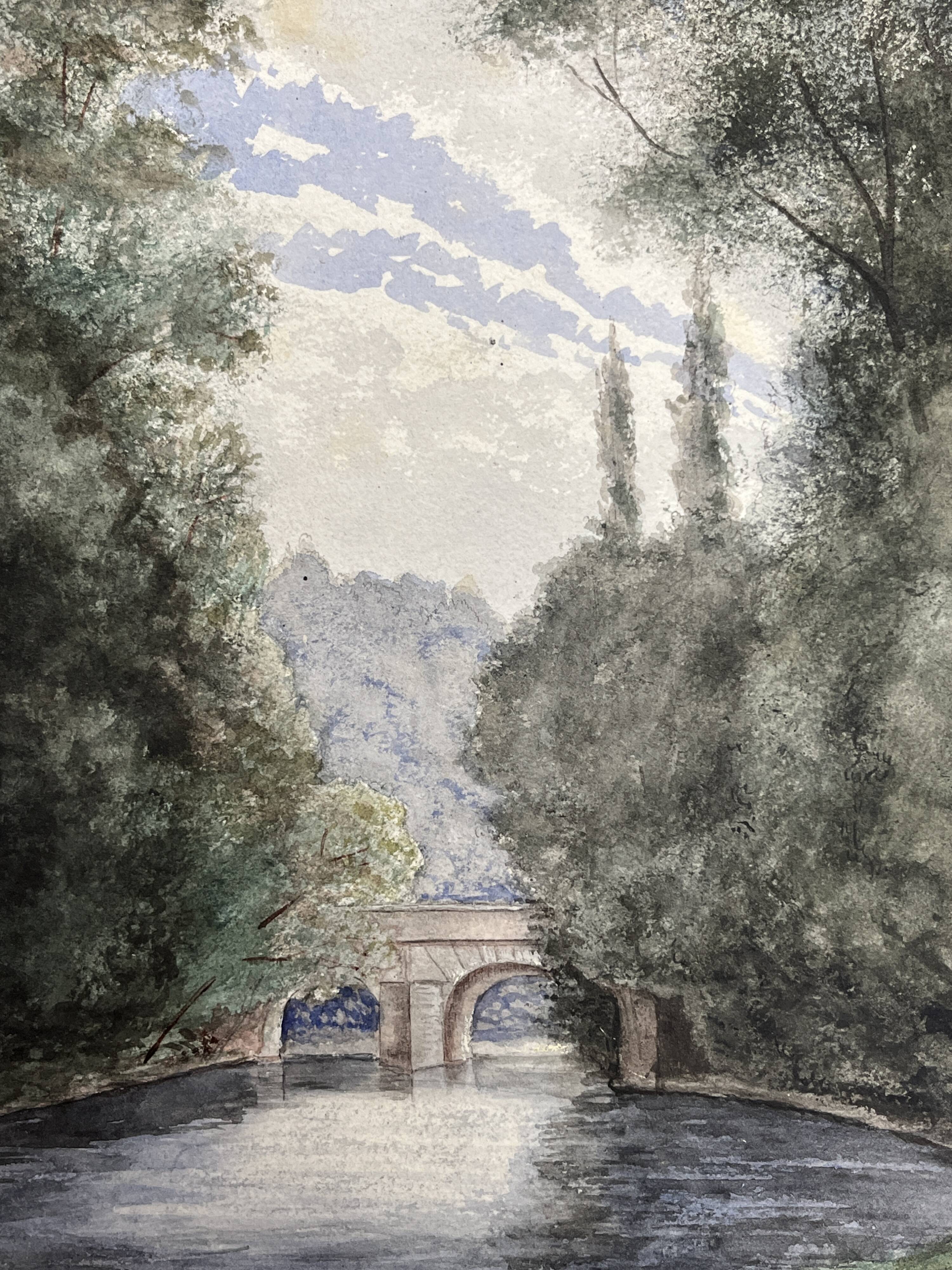 Pinet (h), watercolor landscape with bridge signed dated end of 19th century
