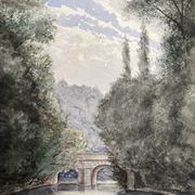 Pinet (h), watercolor landscape with bridge signed dated end of 19th century