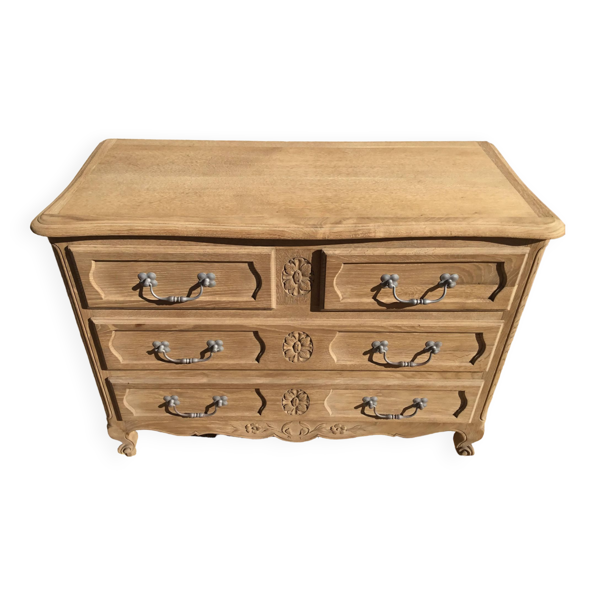Louis XV style chest of drawers in stripped oak and left in natural wood