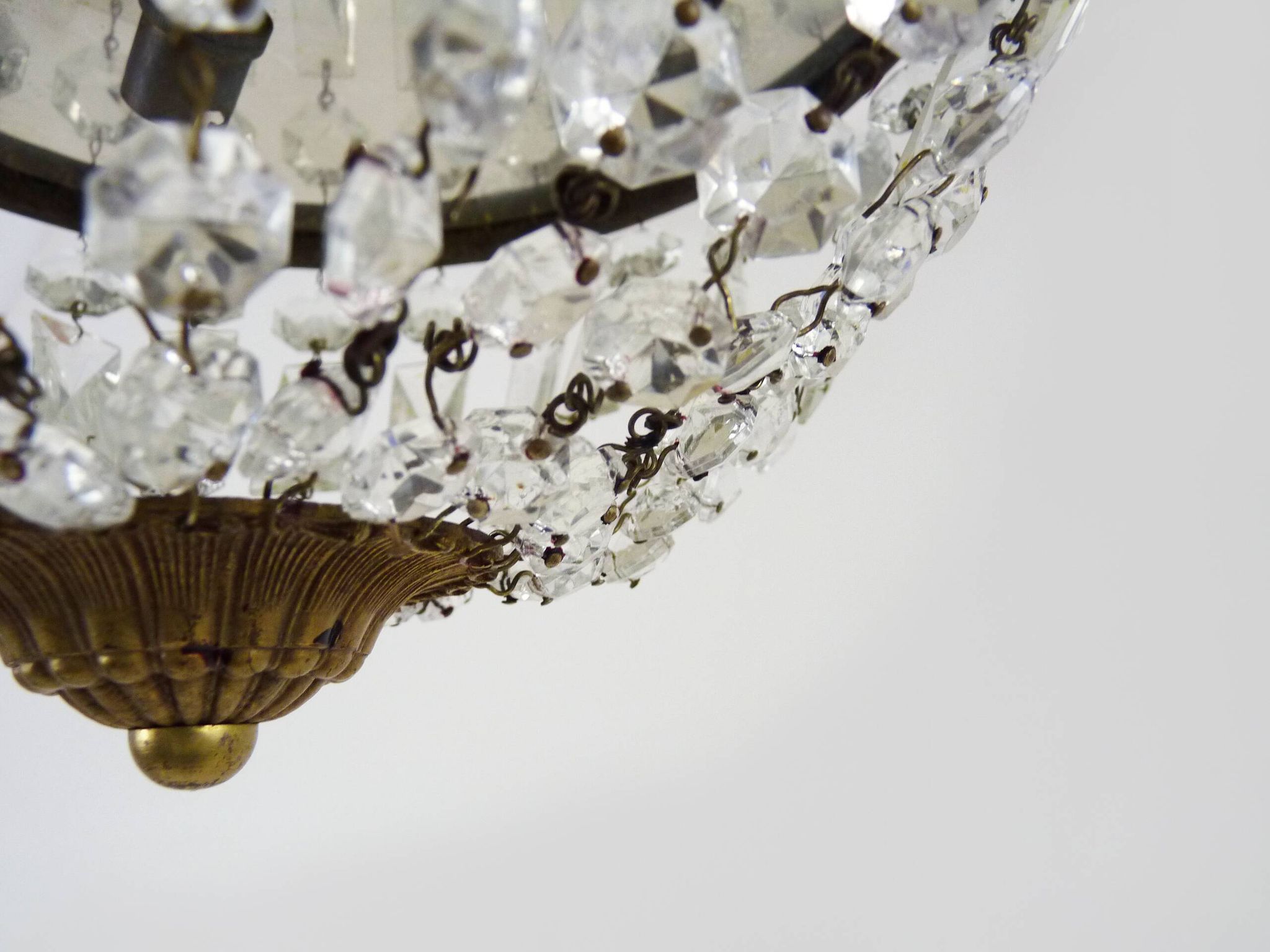 Old crown ceiling light with 3 lights, half basket with glass pendants. Louis XVI style. The 50's
