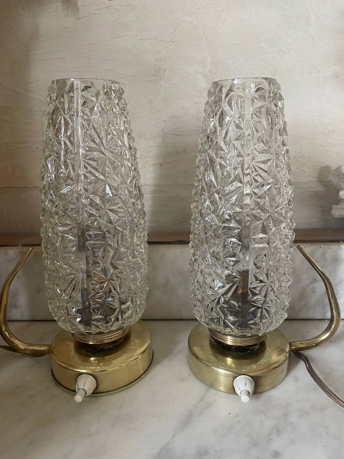 Pair of 1950s brass and glass bedside lamps