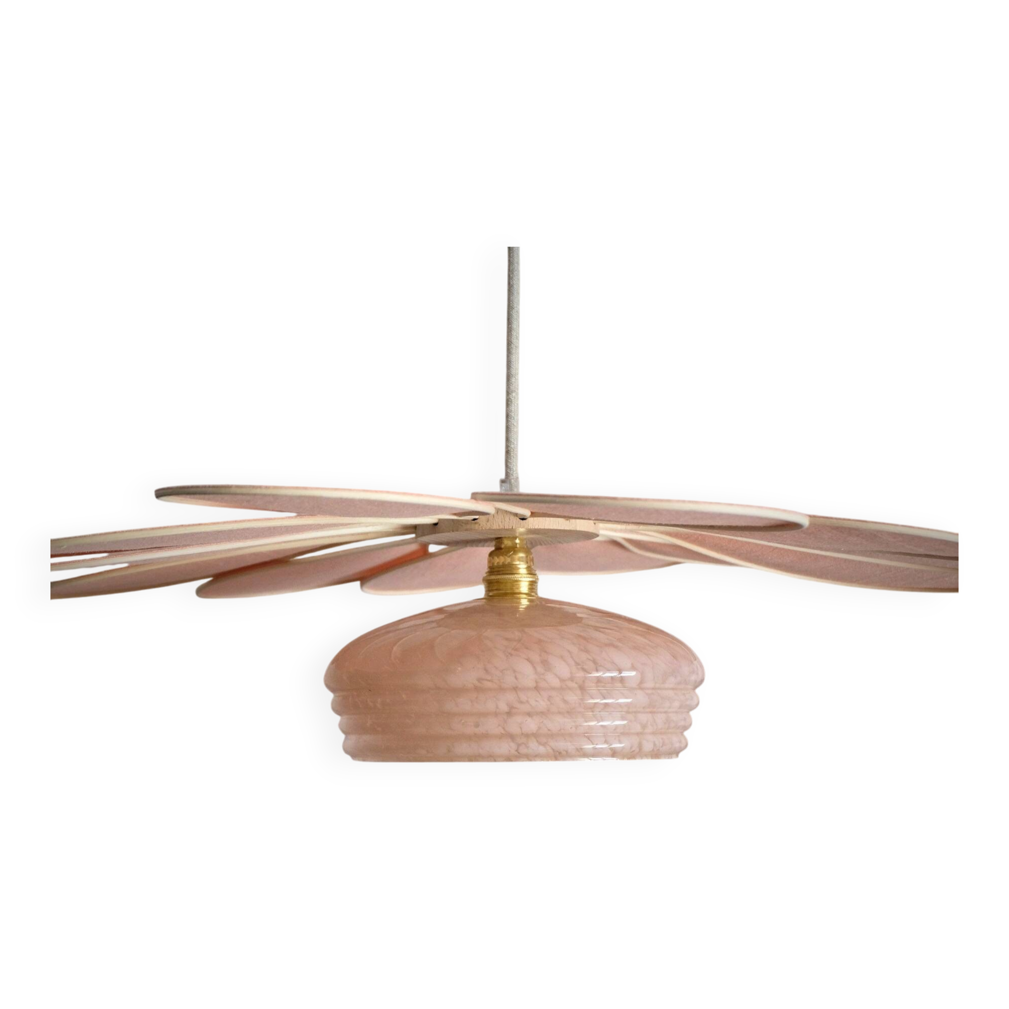 Rattan and Pink Linen Flower Pendant Light and Vintage Clichy Glass Globe
