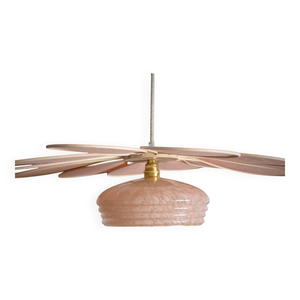 Suspension Fleur en Rotin et Lin Rose et Globe vintage en verre de Clichy