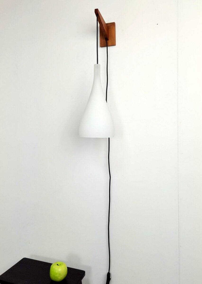 Vintage Tear Drop Wall Lamp in Teak and White Glass, Denmark, 1960s