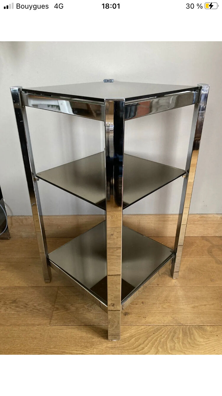 1970s sofa end harness in chromed metal, 3 removable shelves smoked mirrors (available)