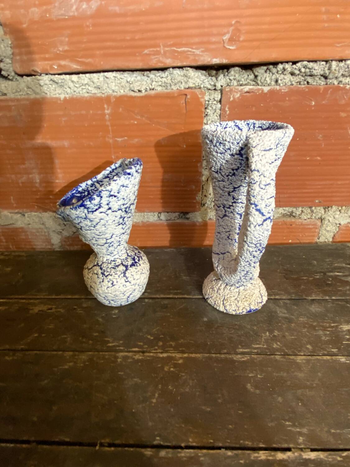 Pair of Snowstone Vases Ceramic White Blue France Vintage #D55