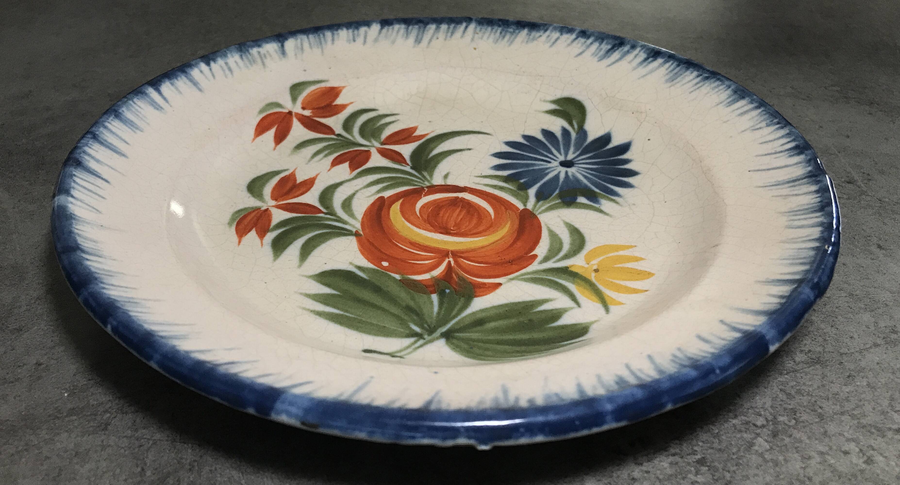 Old plate in auvillar earthenware, floral painting decoration, 19th century