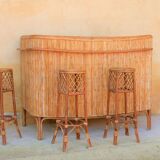 Rattan bar with 3 vintage stools