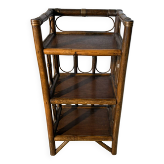 Vintage rattan and dark wood three-tier shelf