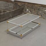 Coffee table, glass living room table with two tops decorated with golden shells, 1970s