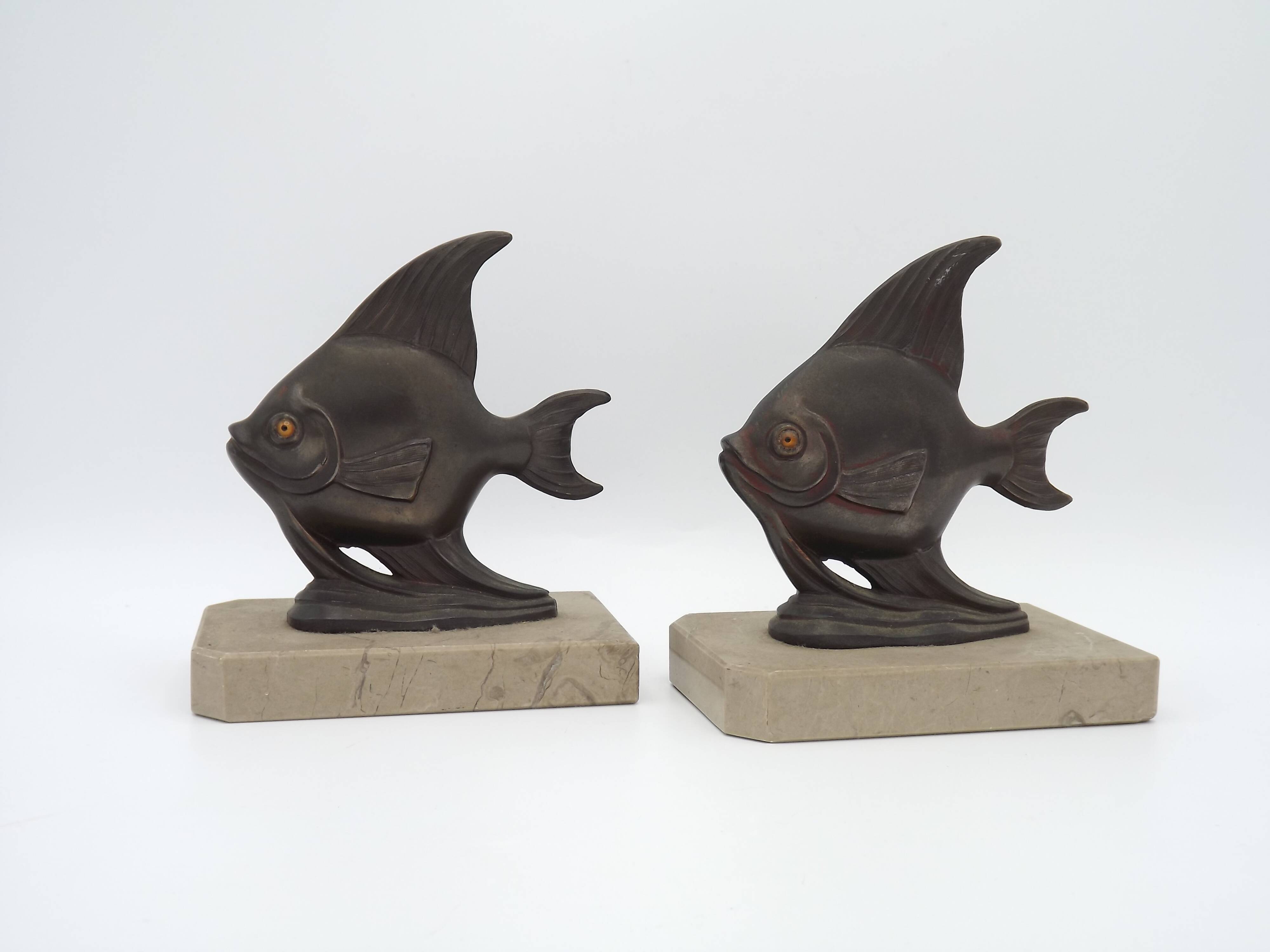 Vintage French Art Deco Fish Book Ends - Marble and Spelter Bookends