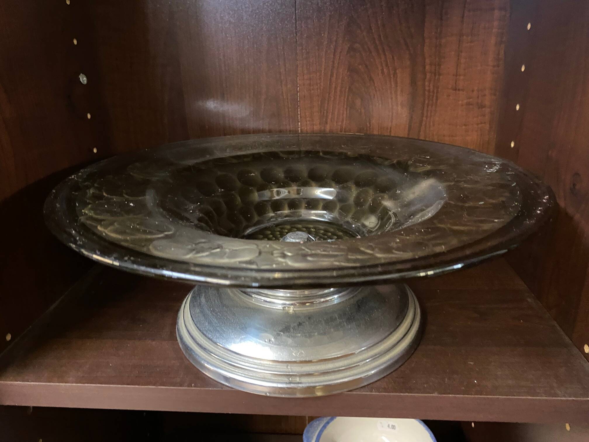 ART DECO FRUIT BOWL SMOKED GLASS PETUNIAS DECOR CHROME FOOT ROUND SHAPE