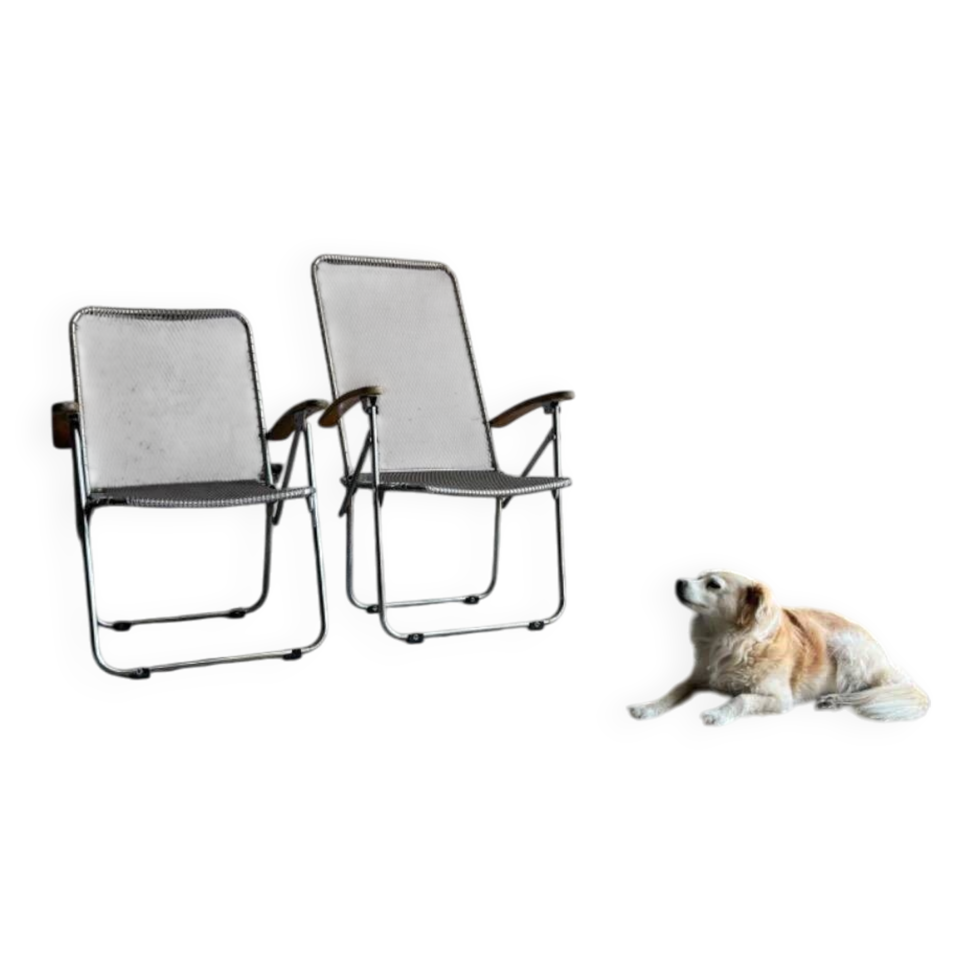 Pair of vintage silver aluminum wire folding chairs with wooden armrests — industrial minimalist