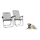 Pair of vintage silver aluminum wire folding chairs with wooden armrests — industrial minimalist