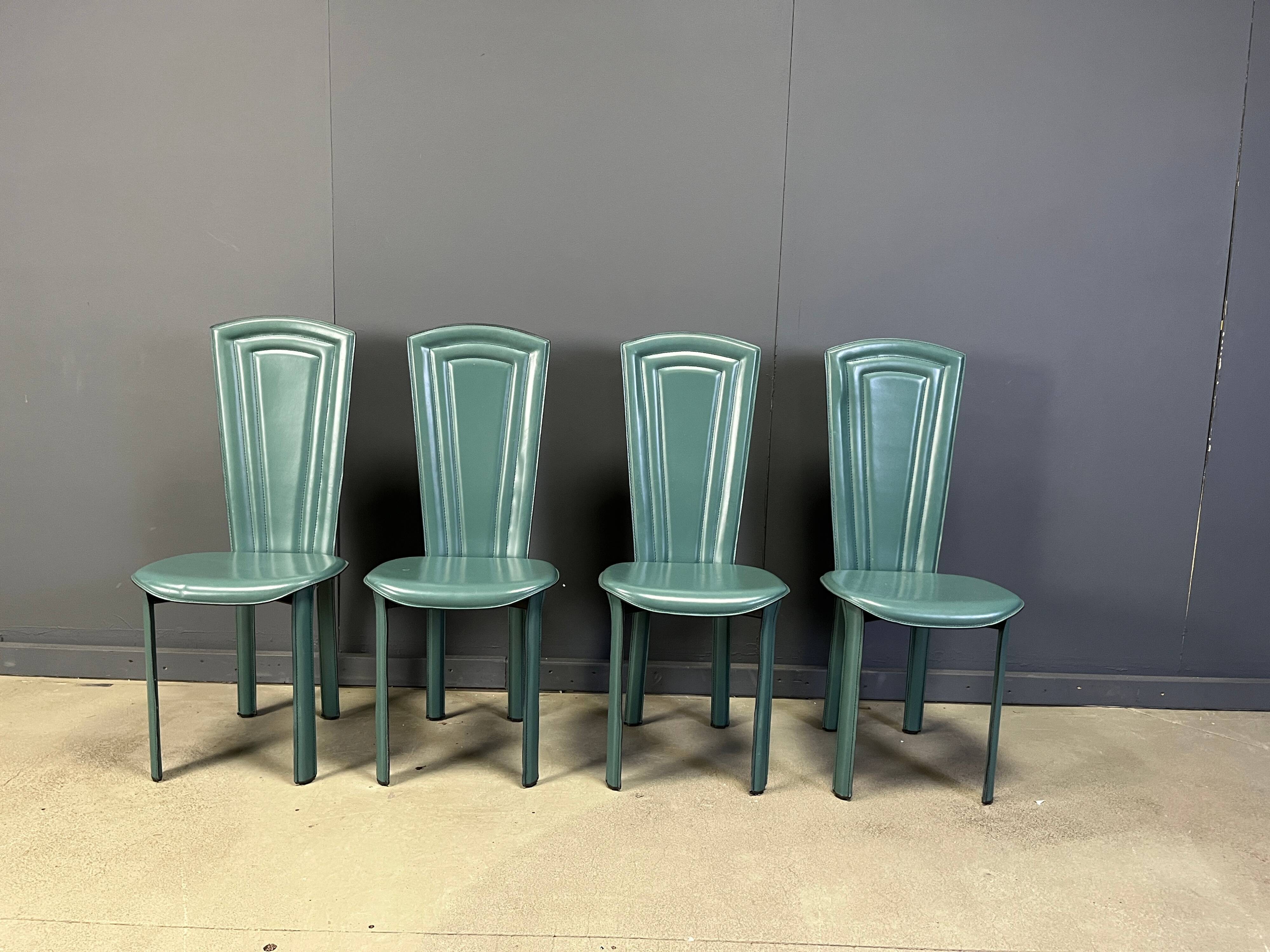 Vintage green leather dining chairs, 1980s - set of 4