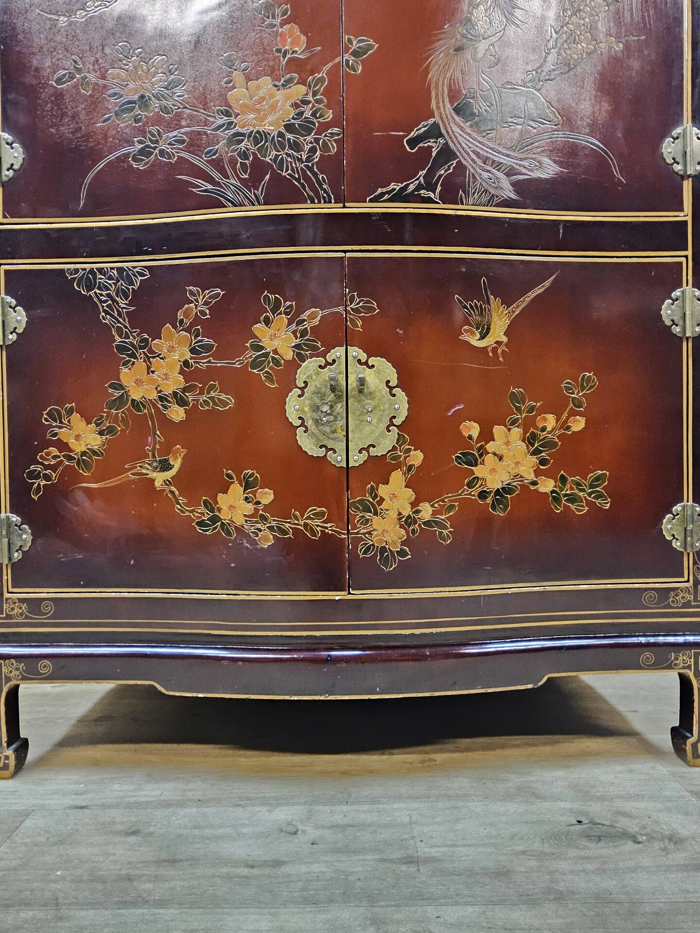 Vintage Chinese red and gold cabinet with flowers and birds (lacquer cabinet)