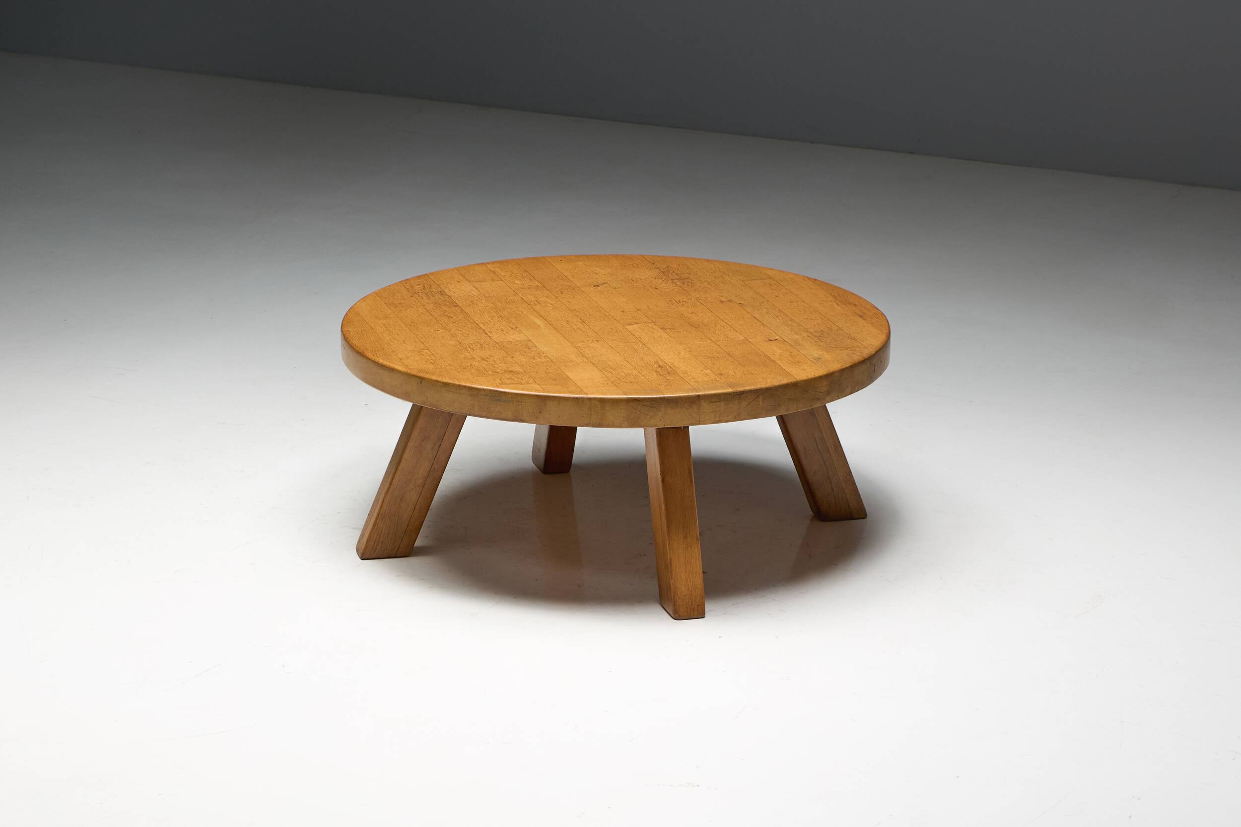 Brutalist Round Coffee Table in Solid Wood, France, 1960s