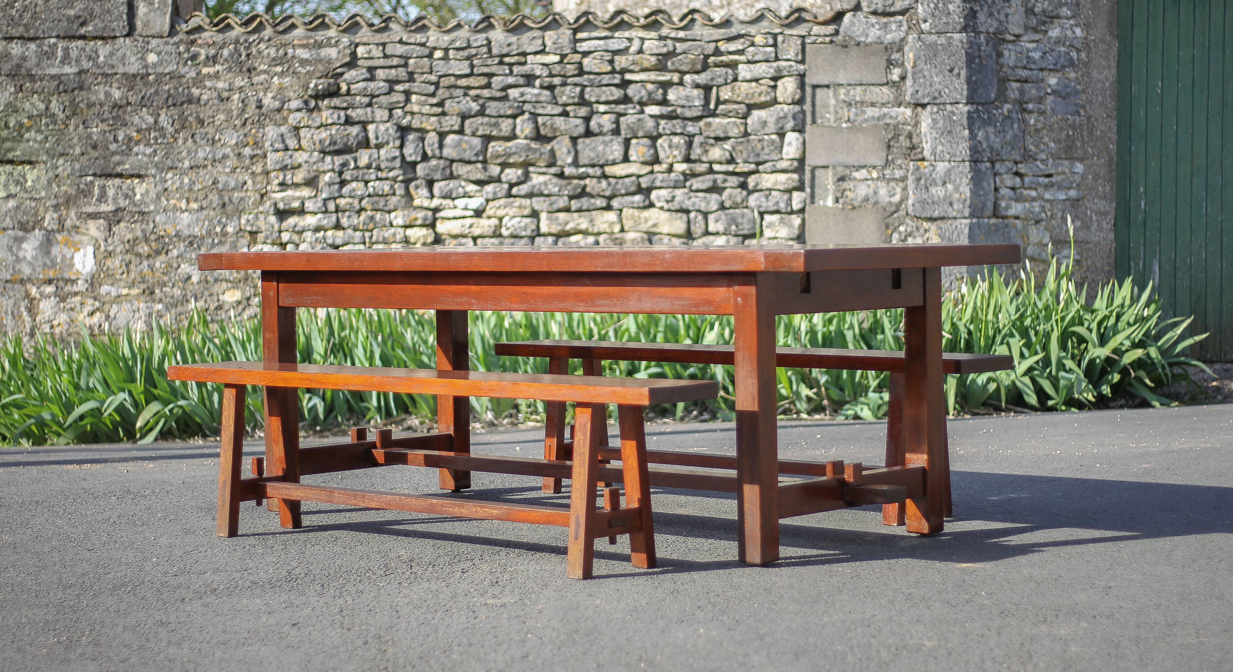 Farmhouse table with extensions and its 2 benches, living room table, solid wood table, kitchen, chalet, ca