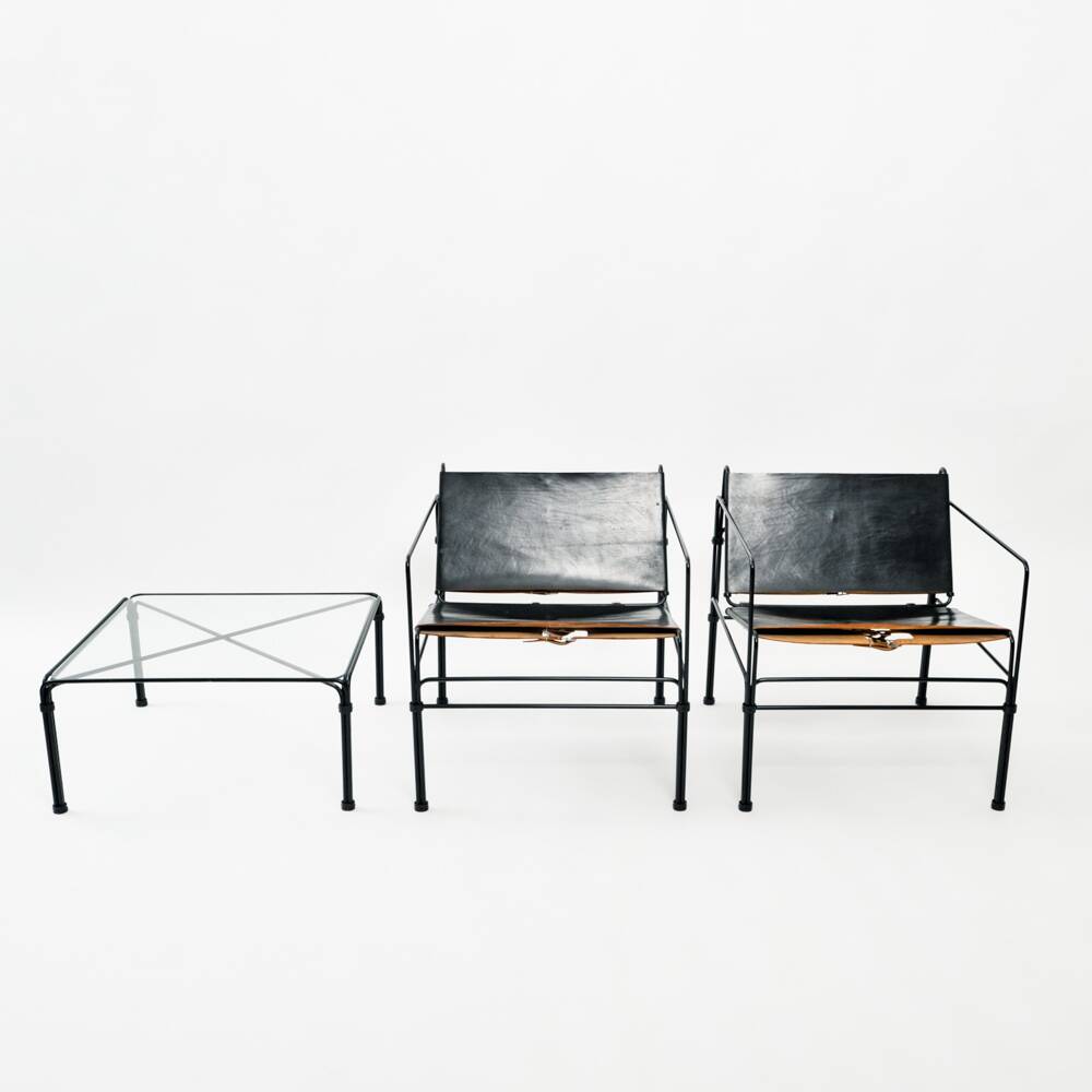 Black modernist design lounge set by Jan van Opzeeland in leather and steel bar, Netherlands, 1980s