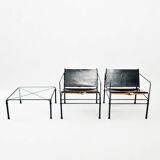Black modernist design lounge set by Jan van Opzeeland in leather and steel bar, Netherlands, 1980s