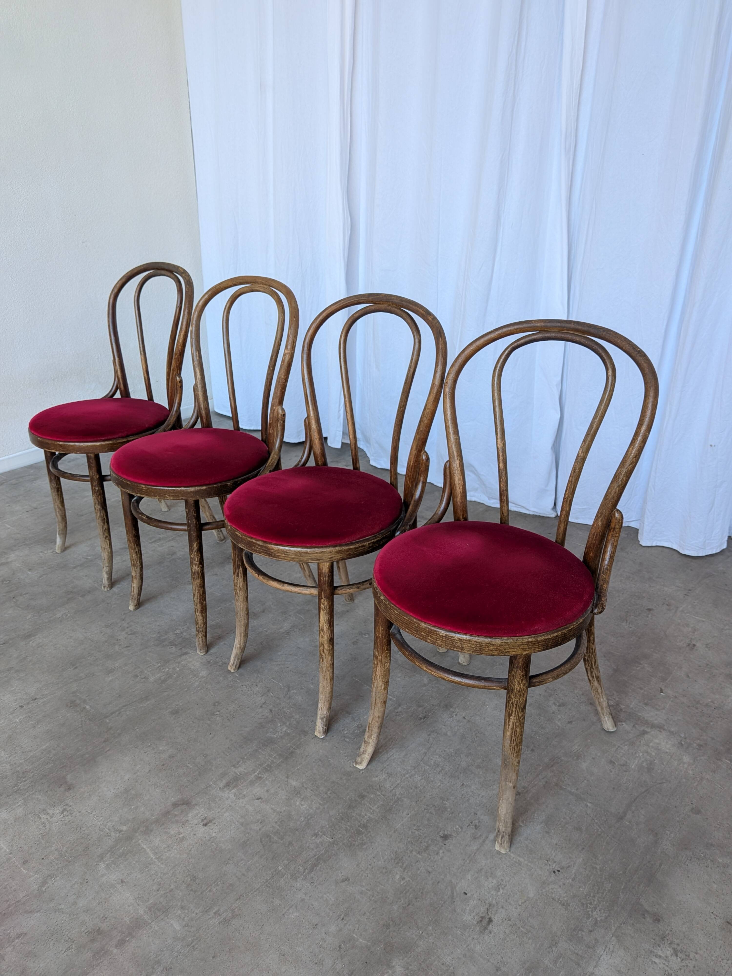 Set of 4 Vintage Bentwood Bistro Chairs, Red Upholstery